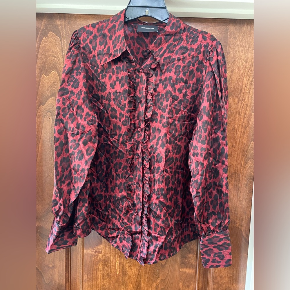 The Kooples Womens Red Black Silk Blend Leopard Ruffle Blouse Fr Sz 2 US 6 NWT